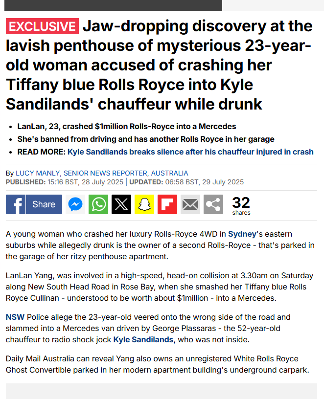 lenscn's tweet image. 澳洲悉尼：劳斯莱斯深夜撞毁奔驰，23岁华人女生身份成谜！“钱多到无法想象”。澳媒拼命深挖：Lanlan Yang到底是何方神圣？
媒体发现，Lanlan Yang 没有社交媒体账号，没有公司注册记录，没有房产登记，连LinkedIn都无迹可寻。媒体惊叹，对其家庭、父母、企业背景、财富来源一无所知。