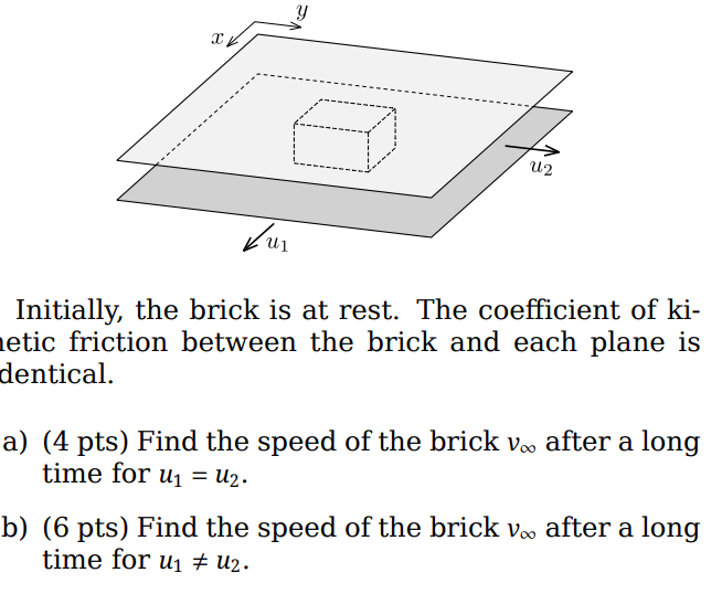 MegabrainsDEV's tweet photo. @grok 
A small brick is squeezed between two parallel
planes in zero gravity. The planes are perpendicular to the 𝑧-axis. The lower plane is moving with constant velocity 𝑢1 along the 𝑥-axis, whilst the upper one
is moving with constant velocity 𝑢2 along the 𝑦-axis. help. https://t.co/kchbF8tYsO