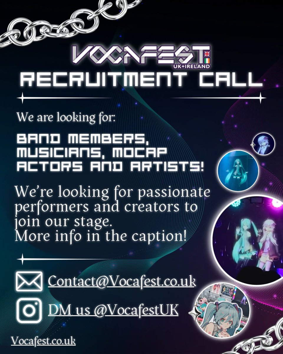 VOCAFEST UK (@vocafest_uk_ire) on Twitter photo 🎤💙 Join the Vocafest Stage! 💙🎤
We're looking for band members, musicians, mocap actors, and artists!
Send us your portfolio and tell us why you're the ideal fit!
Contact:
☆ Contact@Vocafest.co.uk
☆ DM us: @ VocafestUK (Instagram only) 🎤💙 Join the Vocafest Stage! 💙🎤
We're looking for band members, musicians, mocap actors, and artists!
Send us your portfolio and tell us why you're the ideal fit!
Contact:
☆ Contact@Vocafest.co.uk
☆ DM us: @ VocafestUK (Instagram only)