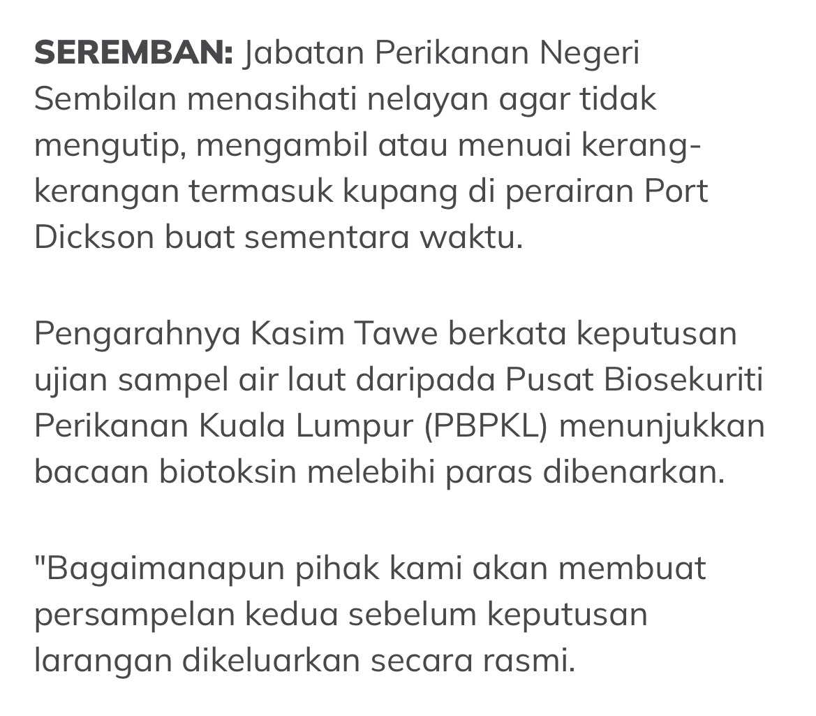 IzzraifHarz's tweet photo. Algae blooms are happening in Port Dickson right now, producing toxins that can make kerang (and other shellfish) unsafe for human consumption. 🦪🦪

If you’re in this area, it’s best to stay away from eating it for now. https://t.co/4A3WPhdwFR