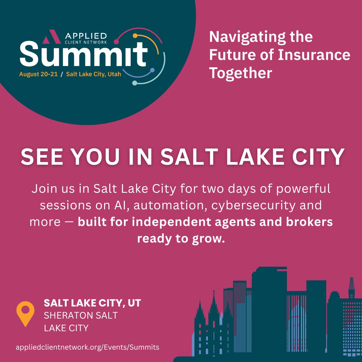 Final Weeks to Register! 
 Join us August 20–21 in Salt Lake City for a high-impact Summit built for agents and brokers like you. Leave with takeaways you can use right away. 
• Insider access 
• Small group learning 
• Practical, actionable takeaways 
 appliedclientnetwork.org/Events/Summits…