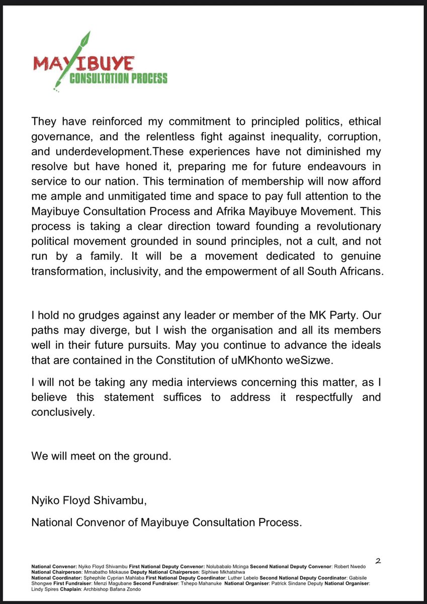 I, Nyiko Floyd Shivambu, hereby fully accept the decision by the uMKhonto weSizwe Party (MK Party) to terminate my membership of the organisation. This acceptance is unequivocal and final. I will not appeal the decision, as I respect the processes and structures of the