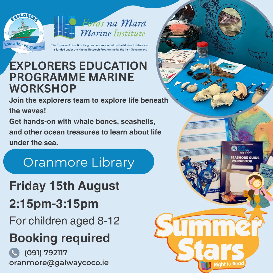 Join us for our <a href="/MarineInst/">Marine Institute</a>'s Explorers Education Programme #HeritageWeek workshop at <a href="/OranmoreLibrary/">Oranmore Library</a>  on the 15th of August from 2:15 - 3:15! Suitable for children 8-12 and booking is required! See you there! <a href="/LibrariesGalway/">Galway Libraries</a> 
#keepexploring