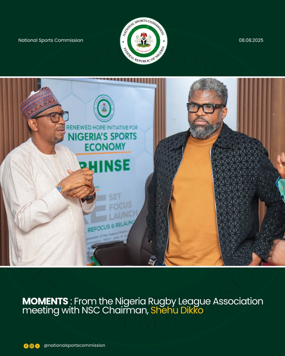National Sports Commission (@natsportscomm) on Twitter photo 🏉 Strengthening Rugby League in Nigeria
The Nigeria Rugby League Association (NRLA) paid a courtesy visit to the Chairman of the National Sports Commission, <a href="/ShehuDikko/">Shehu Dikko</a> , to introduce its leadership team and share exciting updates and progress report on grassroots development, 🏉 Strengthening Rugby League in Nigeria
The Nigeria Rugby League Association (NRLA) paid a courtesy visit to the Chairman of the National Sports Commission, <a href="/ShehuDikko/">Shehu Dikko</a> , to introduce its leadership team and share exciting updates and progress report on grassroots development,
