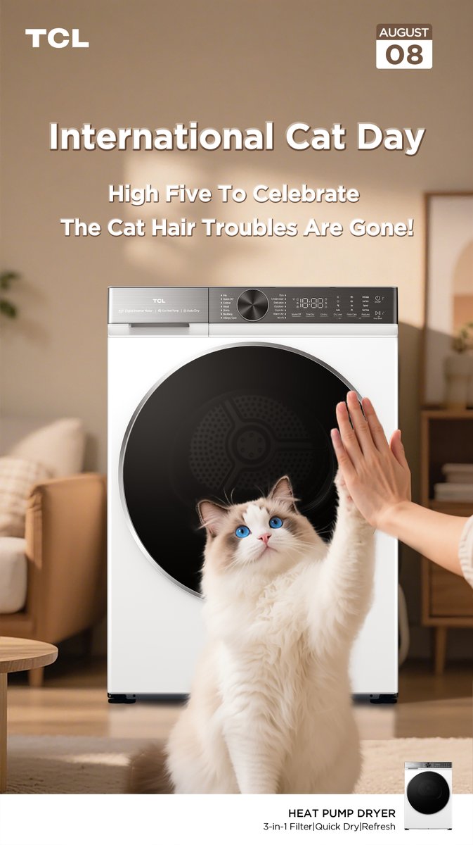 😻 Love your cat, but not the constant fur on your clothes?

TCL’s Heat Pump Dryer is your secret weapon against stubborn cat hair, restoring your clothes to clean &amp; fur-free. 

#TCL #TheCreativeLife #CatDay #CatVideos #LaundryDay #CatHair #CatGrooming