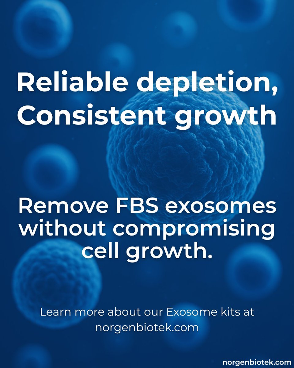 NorgenBiotek's tweet image. Is your FBS introducing unwanted exosomal RNA into your cell culture? 🧫
Norgen’s FBS Exosome Depletion Kit offers reliable exosome removal without ultracentrifugation or protease.

🔗 Learn more: norgenbiotek.com/product/fbs-ex…

 #ExosomeResearch #CellCulture #BiotechTools