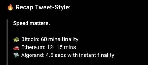 I was doing a little research on terms in crypto to understand how to make better content. 

I didn’t even have algorand in mind and I researched instant finality with GPT and here’s what I saw

$ALGO was literally the only one highlighted as have achieved that with clarity. 

We