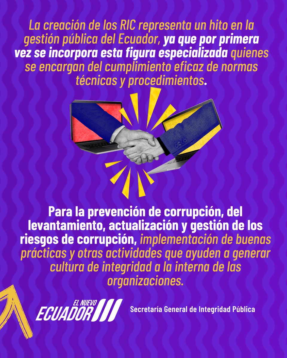 #ElNuevoEcuador | La SGIP implementa la figura de Responsables Institucionales de Cumplimiento (RIC) en las instituciones del Estado.
💡El RIC velará por el cumplimiento y seguimiento interno de mejores prácticas y normas institucionales.

#NadaNosDetiene
