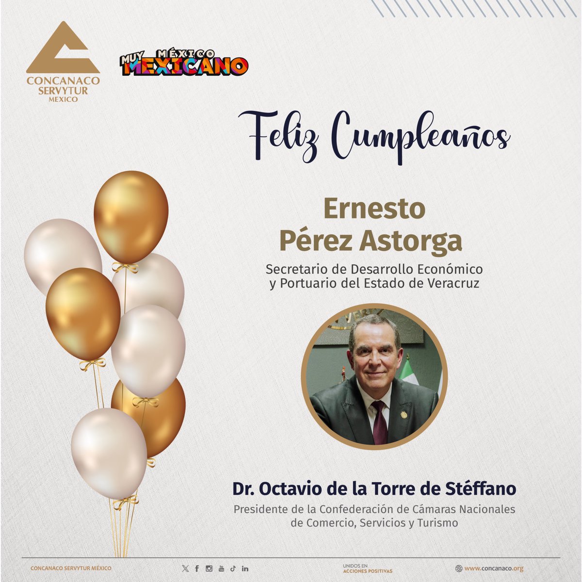 Concanaco Servytur (@concanaco) on Twitter photo Con motivo de su cumpleaños, le enviamos nuestras más sinceras felicitaciones a Ernesto Pérez Astorga <a href="/PerezAstorgaE/">Ernesto Pérez Astorga</a>, Secretario de Desarrollo Económico y Portuario del Estado de Veracruz.
Deseamos que este nuevo año de vida esté colmado de salud, éxitos y momentos que inspiren. Con motivo de su cumpleaños, le enviamos nuestras más sinceras felicitaciones a Ernesto Pérez Astorga <a href="/PerezAstorgaE/">Ernesto Pérez Astorga</a>, Secretario de Desarrollo Económico y Portuario del Estado de Veracruz.
Deseamos que este nuevo año de vida esté colmado de salud, éxitos y momentos que inspiren.