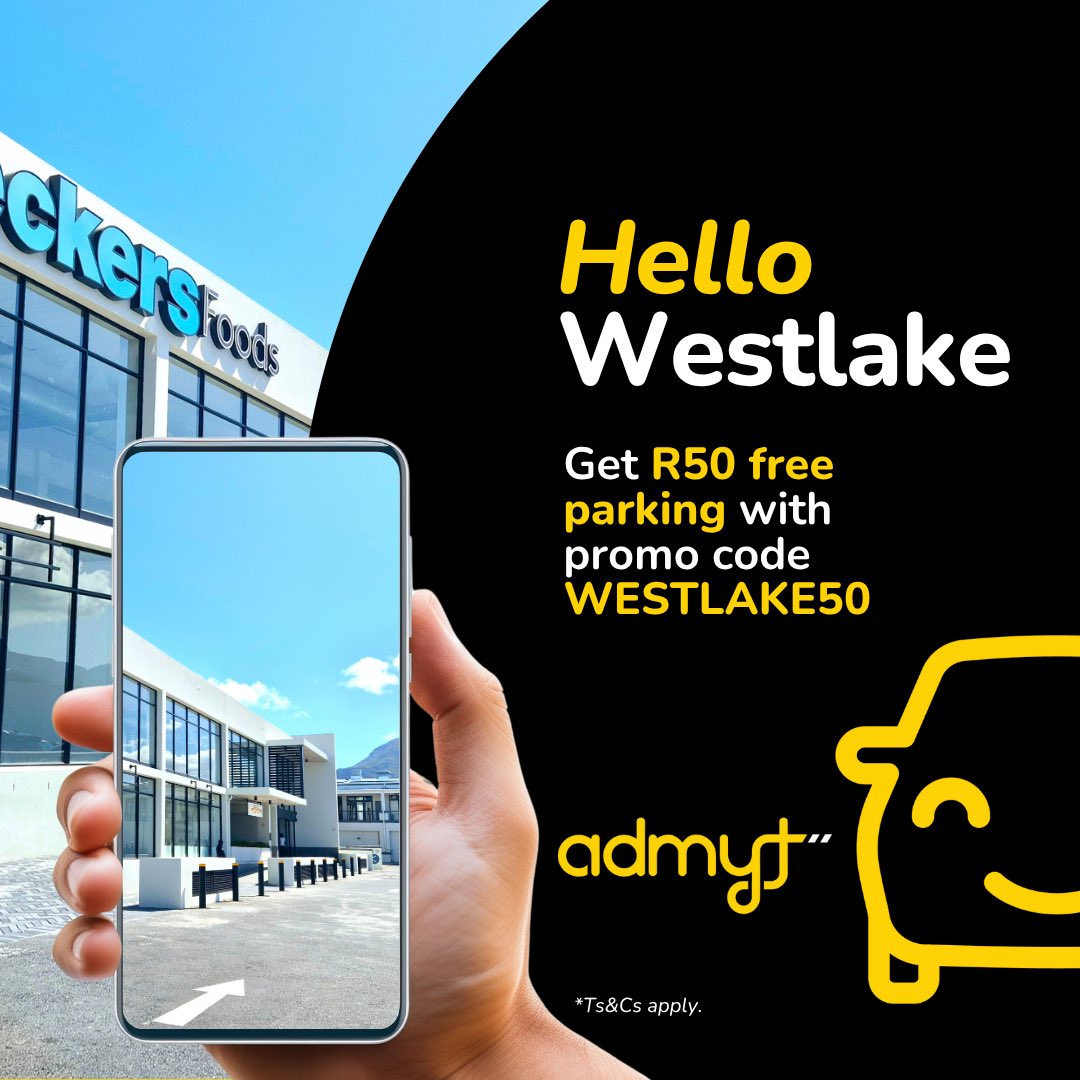 We’re now live at Westlake Lifestyle Centre! 🥳

To celebrate, we’re giving new sign-ups R50 FREE parking. 

Use promo code WESTLAKE50 when you sign up 🚗

#admyt #admytme #TicketlessParking #WestlakeLaunch #CapeTownParking  #WestlakeLifestyle