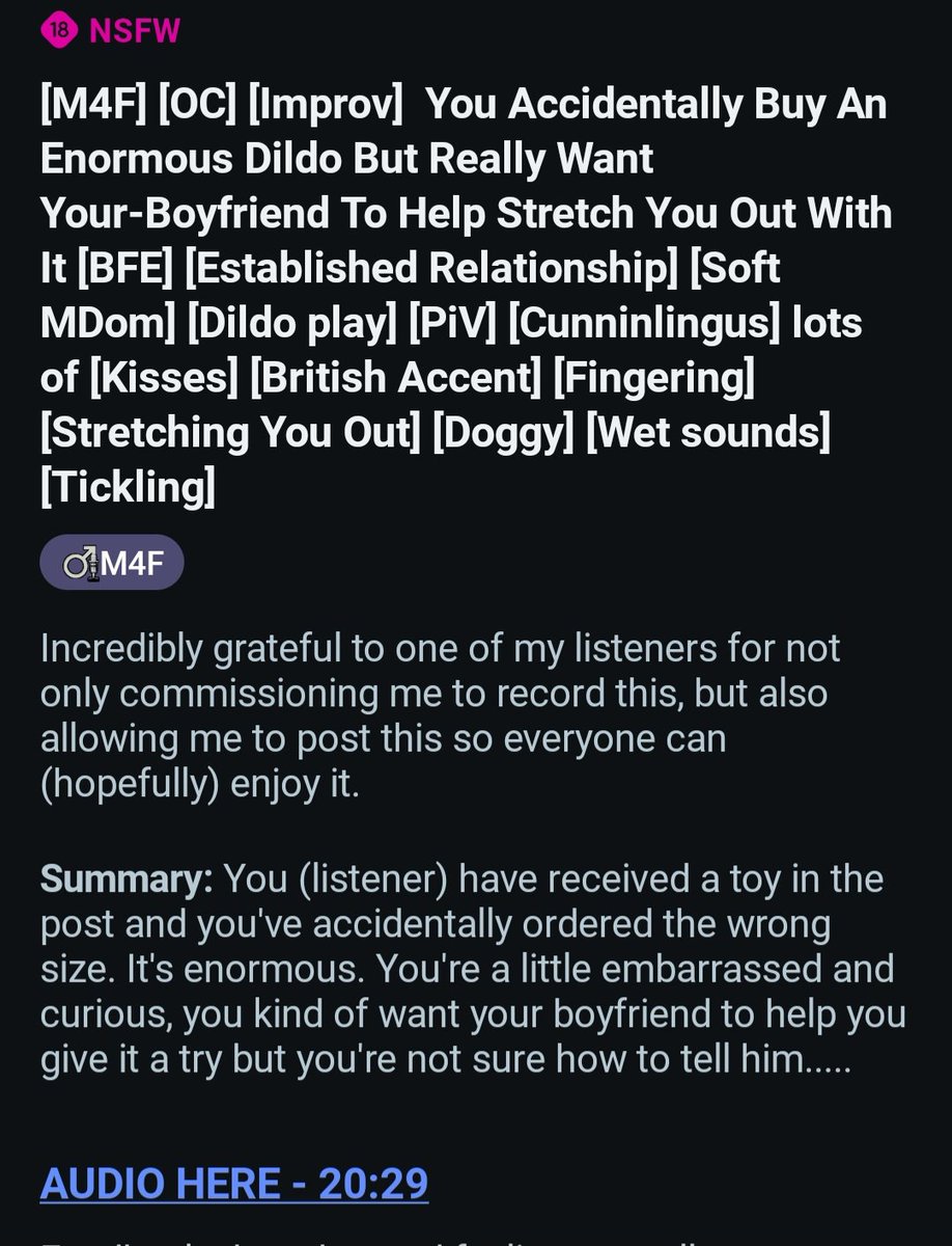 BRAND NEW IMPROV 

'You Accidentally Buy An Enormous Dildo But Really Want Your Boyfriend To Help Stretch You Out With It'

Kinda self explanatory, right? 

Enjoy, hope it brightens your Friday 

reddit.com/r/gonewildaudi…