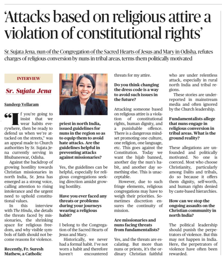 "Attacking someone based on their religious attire is a violation of constitutional rights, human dignity”
thehindu.com/news/national/… 
August 8, 2025 (Kottayam edition)
Sr. (Advocate) Sujata Jena interviewed by <a href="/sandeepvellaram/">Sandeep Vellaram</a>