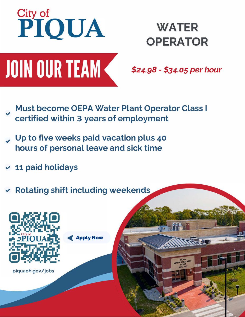 The City of Piqua is accepting applications for operators in the Water Division of the Utilities Department!
Read the position details and apply by visiting piquaoh.gov/jobs.