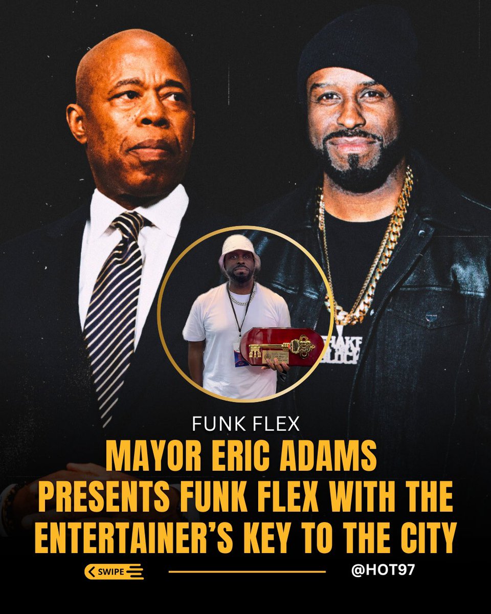 HOT97's tweet image. Mayor #EricAdams presents #FunkFlex with the Entertainer&apos;s Key to the City at Orchard Beach in front of a crowd of over 20,000 people - after over 30 years as a DJ at #HOT97, he&apos;s an iconic figure and staple in #New York and around the world, and yesterday marked a special night…