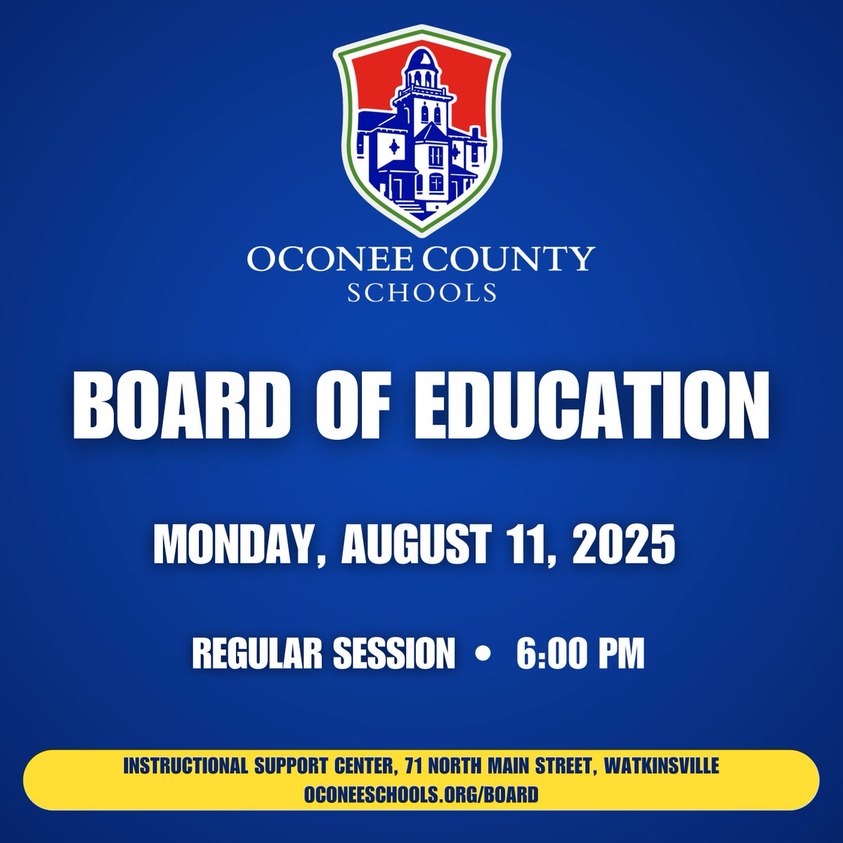 The Oconee County Board of Education will hold its August regular session on Monday at the Instructional Support Center. #OconeeFamily