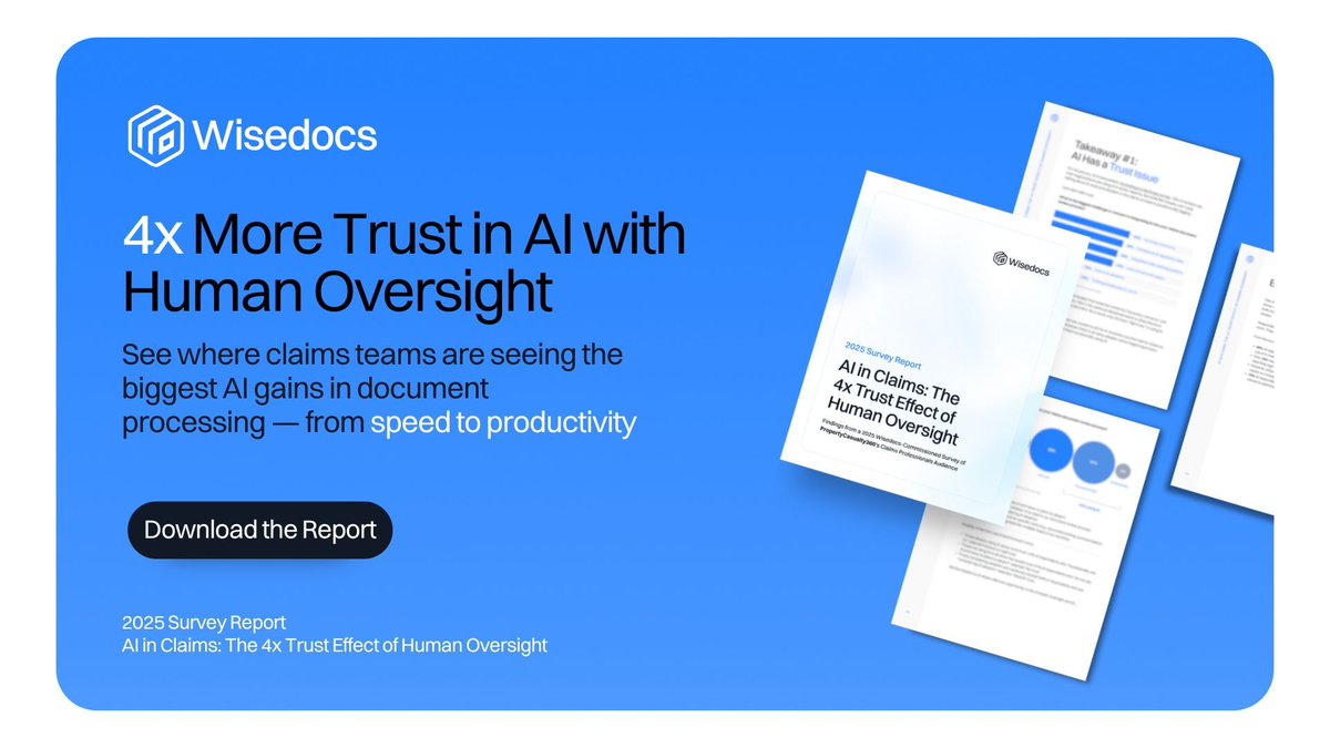 Wisedocs (@wisedocsai) on Twitter photo Still skeptical of AI alone? Youโre not the only one.
๐จ4x more trust in AI with expert oversight. Our latest #SurveyReport with <a href="/PC_360/">PropertyCasualty360</a> reveals how #HumanInTheLoop systems are reshaping trust, speed, and adoption in #ClaimsProcessing.
๐ฅDownload now: hubs.ly/Q03zFskT0 Still skeptical of AI alone? Youโre not the only one.
๐จ4x more trust in AI with expert oversight. Our latest #SurveyReport with <a href="/PC_360/">PropertyCasualty360</a> reveals how #HumanInTheLoop systems are reshaping trust, speed, and adoption in #ClaimsProcessing.
๐ฅDownload now: hubs.ly/Q03zFskT0