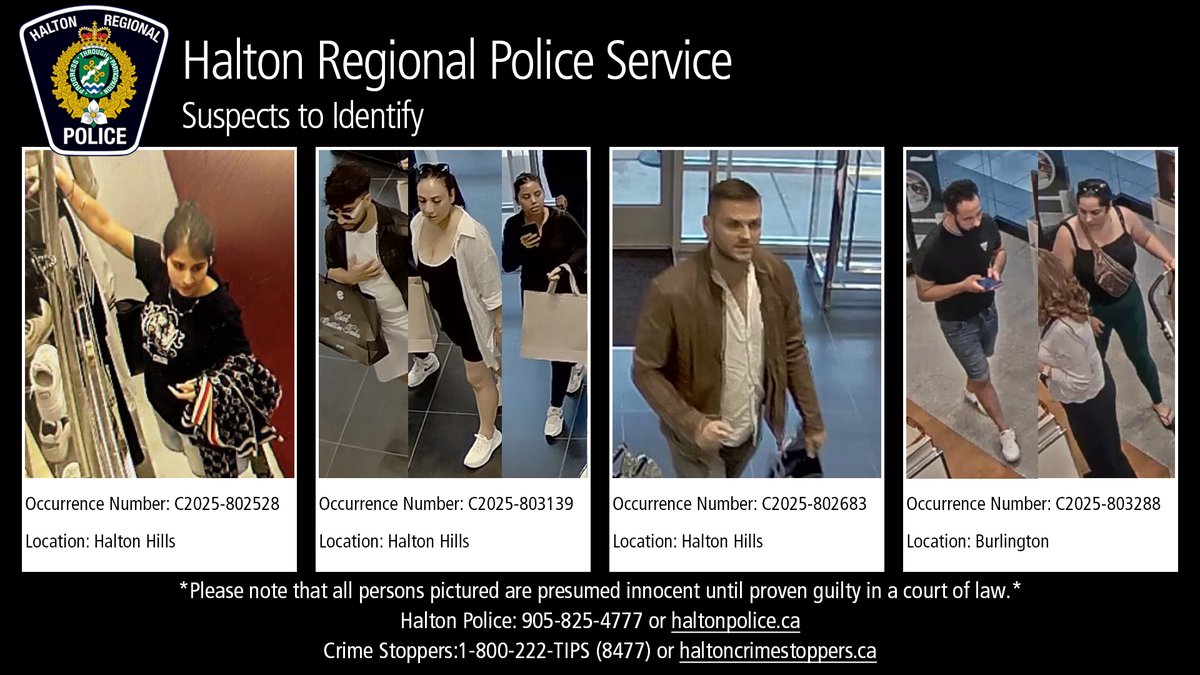 Halton Police (@haltonpolice) on Twitter photo SUSPECTS TO IDENTIFY:
Do you recognize any of the people in these photos? Contact our Organized Retail Theft Team at 905-825-4777 x 2205 or <a href="/crimestoppersha/">Crime Stoppers of Halton</a>.
Want to help us identify other suspects? Check out our Retail Theft section, here: bit.ly/3tLg7Dl. SUSPECTS TO IDENTIFY:
Do you recognize any of the people in these photos? Contact our Organized Retail Theft Team at 905-825-4777 x 2205 or <a href="/crimestoppersha/">Crime Stoppers of Halton</a>.
Want to help us identify other suspects? Check out our Retail Theft section, here: bit.ly/3tLg7Dl.