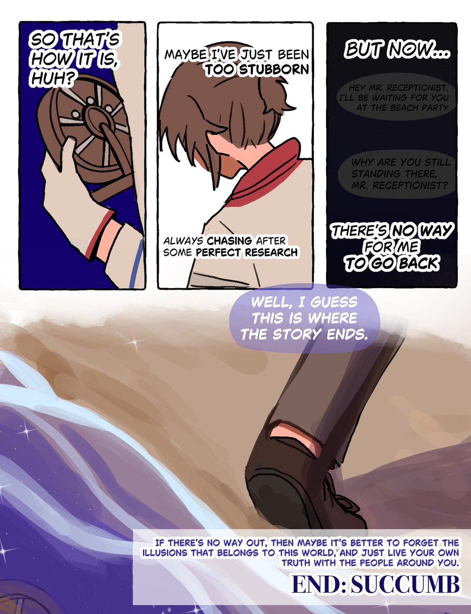 9-11/11 COMPLETE!
And so they voted :)
Pls read the original dialogues for more context if you are interested!
I was so…taken aback by the ending I got, I believed I was doing so well ;-;
Especially… seeing Luca give up, someone as stubborn as him. I was like… AAA