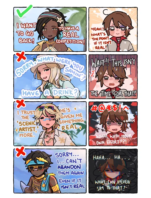 9-11/11 COMPLETE!

And so they voted :)

Pls read the original dialogues for more context if you are interested!

I was so…taken aback by the ending I got, I believed I was doing so well ;-;

Especially… seeing Luca give up, someone as stubborn as him. I was like… AAA 
