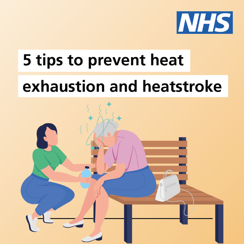 NHSuk's tweet photo. ☀️ It's a hot one across much of the UK this week. 

While many of us enjoy the sunshine, it’s important to stay safe in the heat to avoid heat exhaustion or heatstroke. 

Here are 5 top tips to help you beat the heat.