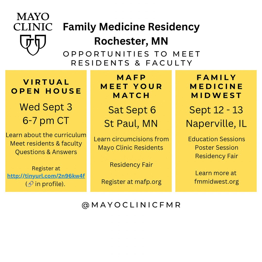 Want to learn more about our program? Well, Sept is the month for you!  We hope to see you at one of our upcoming recruitment events!

tinyurl.com/2n96kw4f 

<a href="/MNFamilyDocs/">MNFamilyPhysicians</a> <a href="/FMMidwest/">FamilyMedMidwest</a> <a href="/futurefamilymed/">Future Family Medicine (AAFP)</a> <a href="/virtualFMmatch/">Virtual Family Medicine Match</a> @the_aafp @theabfm <a href="/LmsaNational/">LMSA National</a> <a href="/SNMA/">Student National Medical Association, Inc (SNMA)</a>