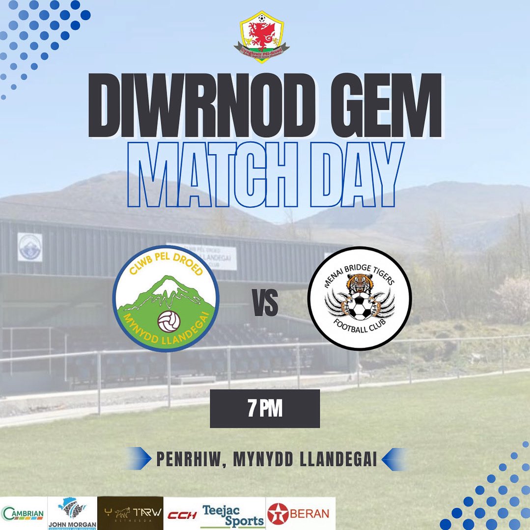 🔵 DIWRNOD GÊM/MATCH DAY 🔵

‘Dani’n croesawu Menai Bridge Tigers FC i Benrhiw heno ar gyfer y gêm gynghrair cyntaf o’r tymor.

We are welcoming Menai Bridge Tigers to Penrhiw tonight for the first league game of the season.

⏰ 7:00pm

📍Penrhiw, Mynydd Llandegai

💙💙💙💙💙💙