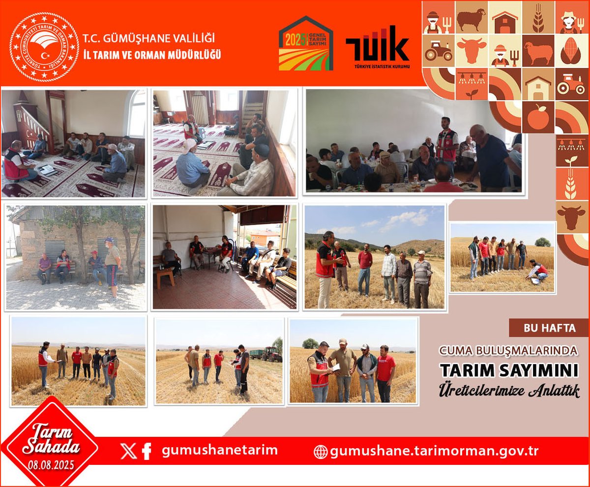 Gümüşhane İl Tarım ve Orman Müdürlüğü (@gumushanetarim) on Twitter photo 📍Bakanlığımızın talimatıyla 81 ilde gerçekleştirilen Cuma Buluşmaları kapsamında çiftçilerimize;
✅ Genel Tarım Sayımı
✅ Anız Yangınları
✅ Tarımsal Üretimin Planlanması
✅ Yeni Destekleme Modelimiz
konularında bilgilendirmelerde bulunduk.
#TarımSahada 🌾
<a href="/TCTarim/">T.C. Tarım ve Orman Bakanlığı</a>
<a href="/A_KIRAC/">Dr. Ahmet Mesut KIRAÇ</a> 📍Bakanlığımızın talimatıyla 81 ilde gerçekleştirilen Cuma Buluşmaları kapsamında çiftçilerimize;
✅ Genel Tarım Sayımı
✅ Anız Yangınları
✅ Tarımsal Üretimin Planlanması
✅ Yeni Destekleme Modelimiz
konularında bilgilendirmelerde bulunduk.
#TarımSahada 🌾
<a href="/TCTarim/">T.C. Tarım ve Orman Bakanlığı</a>
<a href="/A_KIRAC/">Dr. Ahmet Mesut KIRAÇ</a>