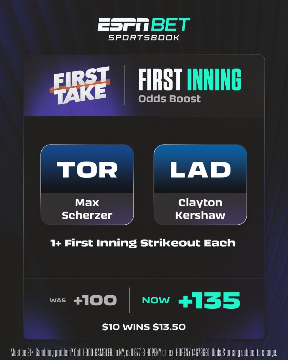 ESPNBET's tweet photo. Two legends take the mound tonight 🍿

First inning odds boost, courtesy @FirstTake ⤵️
Max Scherzer &amp; Clayton Kershaw, 1+ First Inning Strikeout Each: +100 ➡️ +135

Download @ESPNBET today! https://t.co/437ohA47cx https://t.co/oBwJbU0n2D