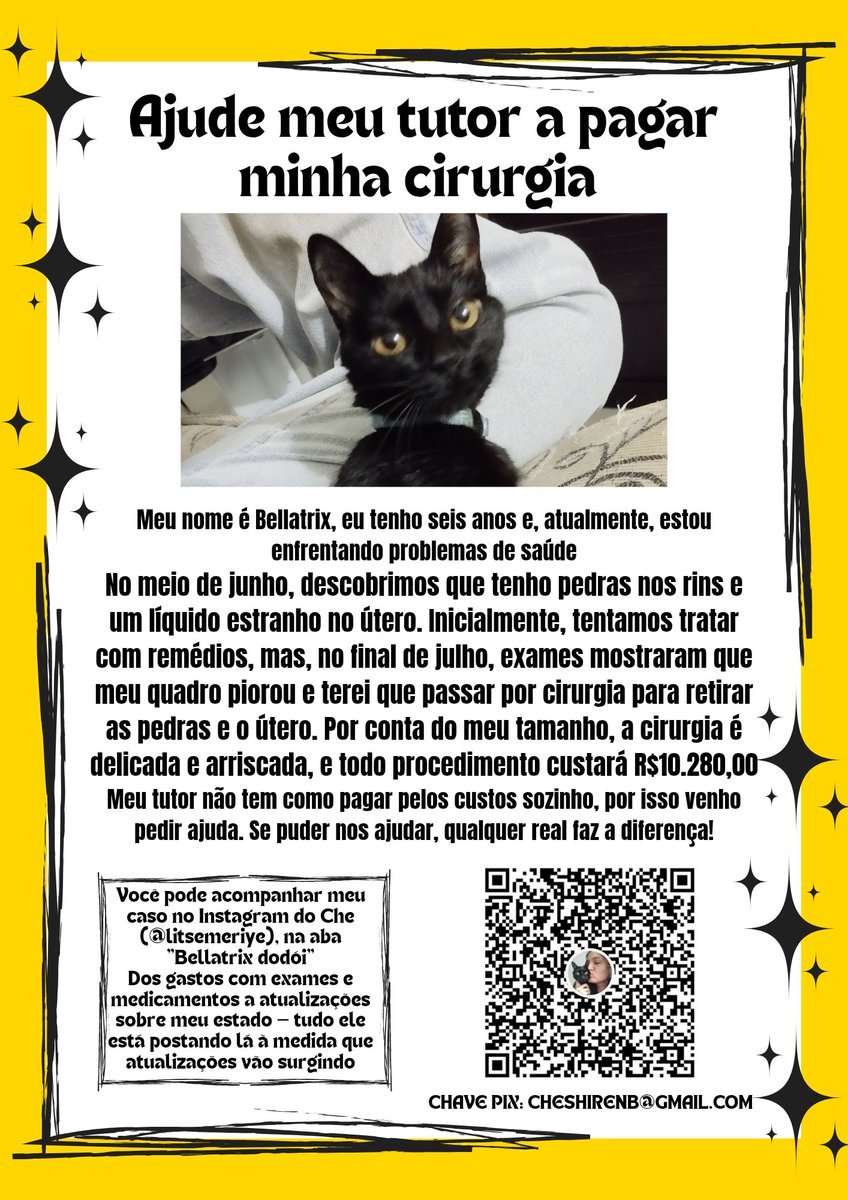 🚨 GATINHO NECESSITANDO DE CIRURGIA URGENTE 🚨

oi pessoal, minha gata precisa de cirurgia, e, infelizmente, não tenho como pagar 10k. Só a operação são 8,5k, e meu limite no cartão é 5k

Cada dia que passa o estado dela piora, e estou desesperado

Por favor, compartilhem 🙏🏻