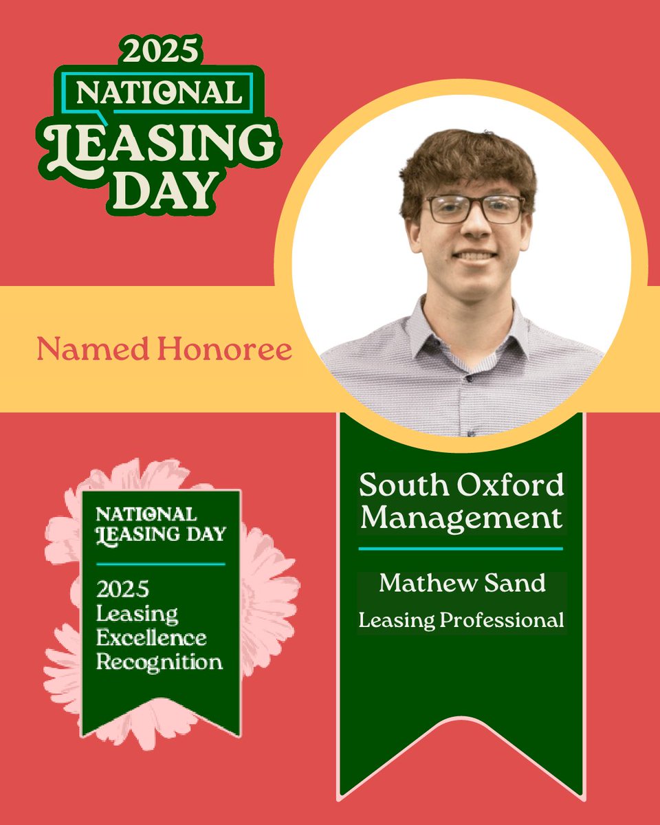 🔦 This week’s spotlight: Mathew Sand, Leasing Professional at South Oxford Management
🎉 #NationalLeasingDay Honoree 🎉
Join us in celebrating Mathew for his outstanding performance, dedication, and success to drive real results!
 #Multifamily #TechChampions #FutureOfLeasing