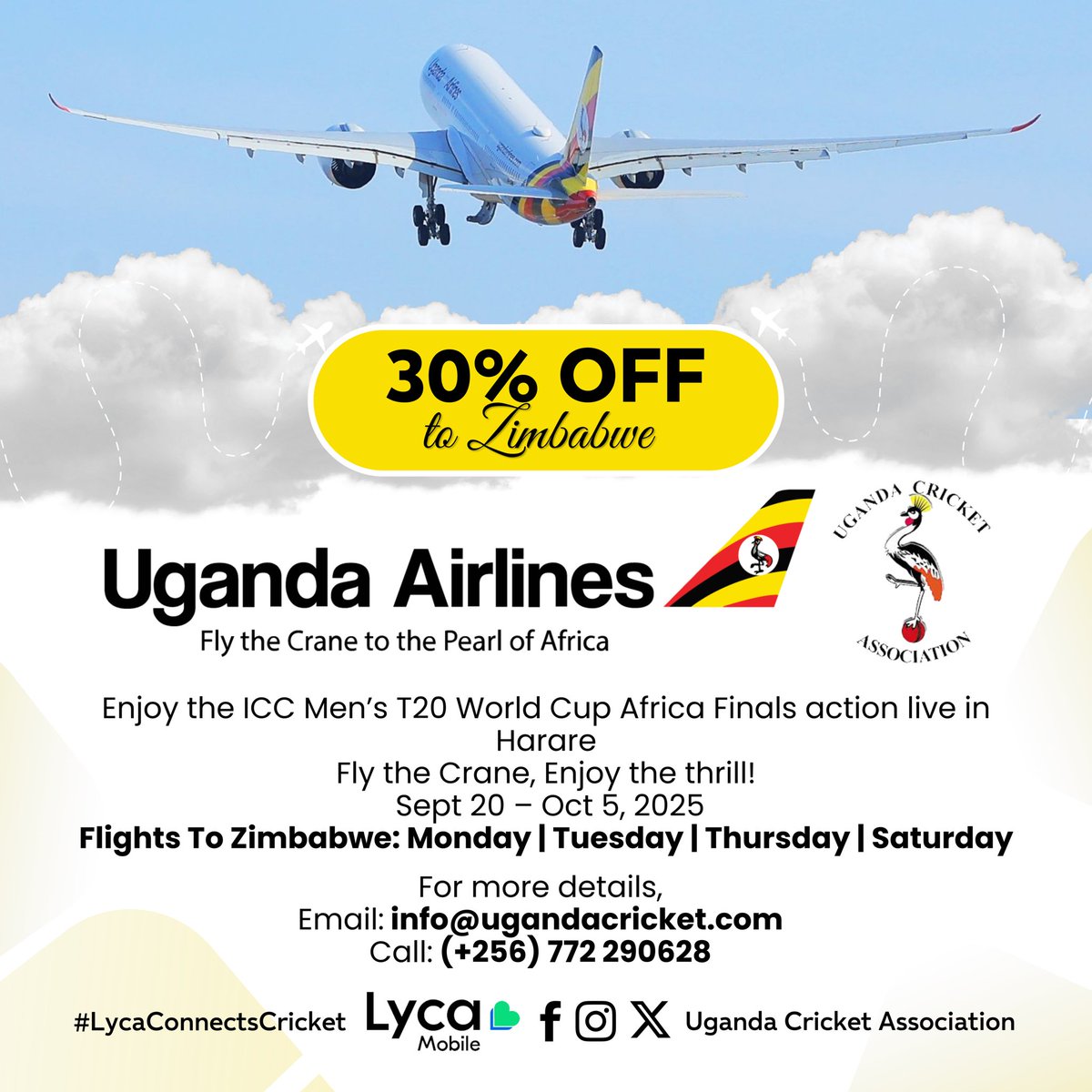 Uganda Cricket Association (@cricketuganda) on Twitter photo It’s another big moment for the Cricket Cranes as they fight for a spot at the ICC Men’s T20 World Cup.
<a href="/UG_Airlines/">Uganda Airlines</a> is making it easier for fans with 30% off flights.
Let’s go and back our boys live in Harare.
#LycaConnectsCricket It’s another big moment for the Cricket Cranes as they fight for a spot at the ICC Men’s T20 World Cup.
<a href="/UG_Airlines/">Uganda Airlines</a> is making it easier for fans with 30% off flights.
Let’s go and back our boys live in Harare.
#LycaConnectsCricket