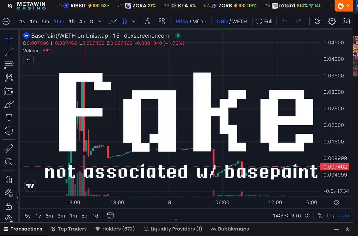 BasePaint (@basepaint_xyz) on Twitter photo FYI, Fake basepaint token on <a href="/dexscreener/">DEX Screener</a>
This ain't us. There is no erc20 token, only beautiful art NFTs.
Do not buy.
CA => 0xEe0b907f90c8716100D34e1187679a3DCCe7C7E4 is not associated with the project FYI, Fake basepaint token on <a href="/dexscreener/">DEX Screener</a>
This ain't us. There is no erc20 token, only beautiful art NFTs.
Do not buy.
CA => 0xEe0b907f90c8716100D34e1187679a3DCCe7C7E4 is not associated with the project