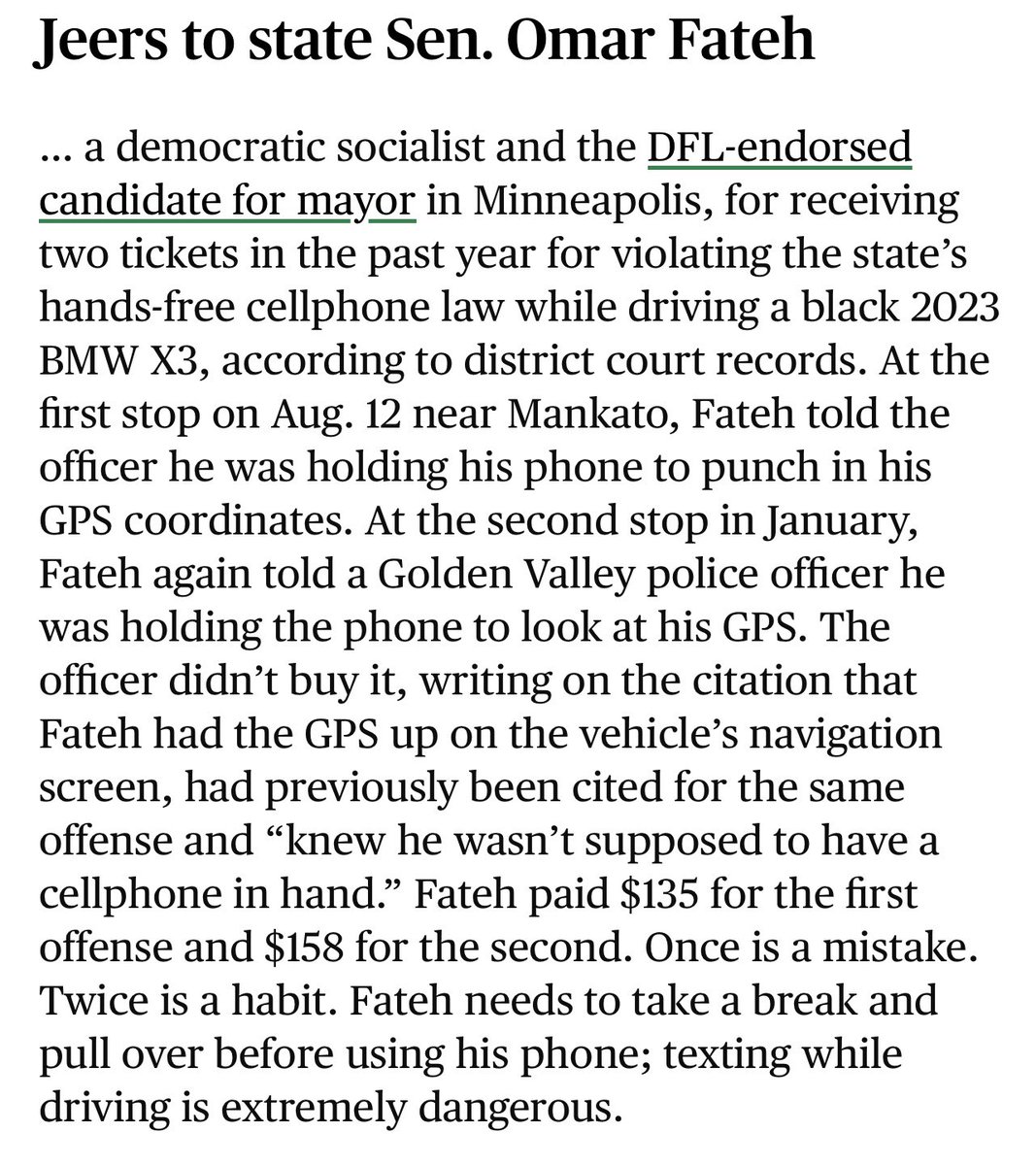 Andy Brehm (@andybrehm) on Twitter photo Texting while driving is bad enough. But the bigger question is how can the self described “man of the people” <a href="/OmarFatehMN/">Omar Fateh</a> afford a BMW X3, a car that costs as much or more as his entire salary as a Minnesota state senator of $51,750. 🤔 <a href="/rochelleolson/">Rochelle Olson</a> <a href="/StarTribune/">The Minnesota Star Tribune</a> Texting while driving is bad enough. But the bigger question is how can the self described “man of the people” <a href="/OmarFatehMN/">Omar Fateh</a> afford a BMW X3, a car that costs as much or more as his entire salary as a Minnesota state senator of $51,750. 🤔 <a href="/rochelleolson/">Rochelle Olson</a> <a href="/StarTribune/">The Minnesota Star Tribune</a>
