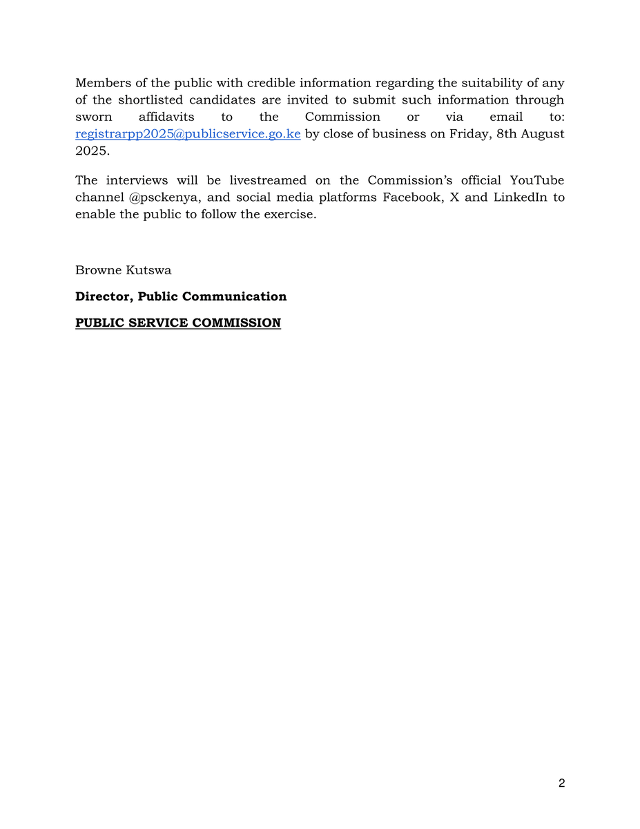 Public Service Commission (PSC) (@psckenya) on Twitter photo PRESS RELEASE‼️
Public interviews for the Registrar of Political Parties and Assistant Registrar of Political Parties scheduled for Monday 11th August 2025.
<a href="/KBCChannel1/">KBC Channel 1 News</a> <a href="/KTNNewsKE/">KTN News</a> <a href="/StandardKenya/">The Standard Digital</a> <a href="/Tuko_co_ke/">TUKO.co.ke | The Heartbeat of Kenya</a> <a href="/citizentvkenya/">Citizen TV Kenya</a> <a href="/K24Tv/">K24 TV</a> <a href="/ntvkenya/">NTV Kenya</a> PRESS RELEASE‼️
Public interviews for the Registrar of Political Parties and Assistant Registrar of Political Parties scheduled for Monday 11th August 2025.
<a href="/KBCChannel1/">KBC Channel 1 News</a> <a href="/KTNNewsKE/">KTN News</a> <a href="/StandardKenya/">The Standard Digital</a> <a href="/Tuko_co_ke/">TUKO.co.ke | The Heartbeat of Kenya</a> <a href="/citizentvkenya/">Citizen TV Kenya</a> <a href="/K24Tv/">K24 TV</a> <a href="/ntvkenya/">NTV Kenya</a>