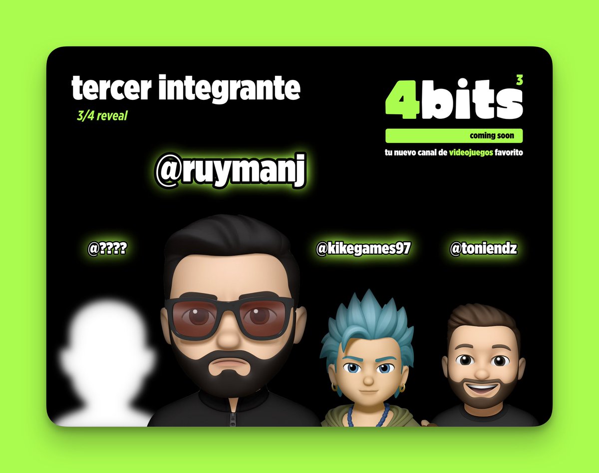 🚨 REVELADO EL TERCER BIT BOY 🚨

Nos complace anunciar que el gran MadRJ <a href="/RuymanJ/">MadRjota (RuymanJ)</a> es el tercero de los cuatro integrantes de 4Bits 🫱🏻‍🫲🏼

Canario, con más sal que el Atlántico y una calidad audiovisual fuera de serie.

Aportará ritmo, narrativa y un toque único.

Que os parece? 👀