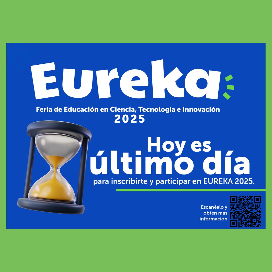🚀 ¡Última llamada para #EUREKA2025!
⏳ Hoy cierran las inscripciones.
⏳ El tiempo se acaba… ¡y no queremos que te quedes fuera!
📲 Regístrate ahora: sites.google.com/conacyt.gob.sv…