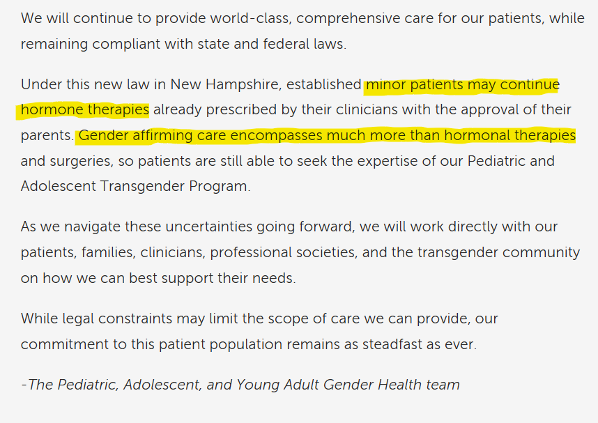 Dartmouth Health will continue to permanently harm children despite NH's ban on puberty blockers and hormones. They'll continue to medicalize established patients and to groom children through social transitions.