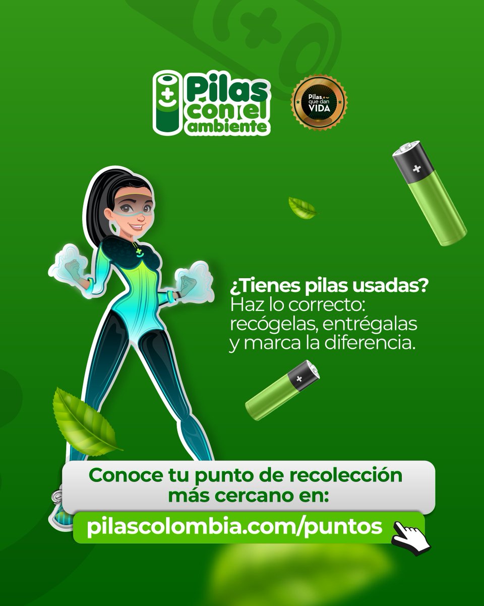 Detrás de cada pila bien entregada, hay una decisión que suma. Una pila usada en un contenedor de pilas con el ambiente es una acción pequeña que, gracias a ti, impulsa un cambio real. 🌱⚡

📍Conoce tu punto más cercano y sigue marcando la diferencia: 👉 pilascolombia.com/puntos