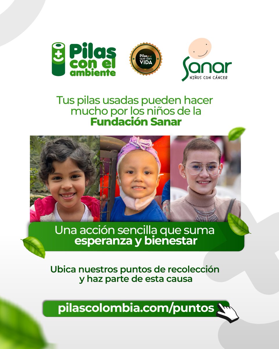 💚🔋💛 Tus pilas usadas aún pueden hacer mucho.

Al entregarlas, estás apoyando a niños y niñas, dando esperanza donde más se necesita.

📍Llévalas a nuestros puntos de recolección, ubica tu punto más cercano en: pilascolombia.com/puntos

#PilasConElAmbiente #FundaciónSanar