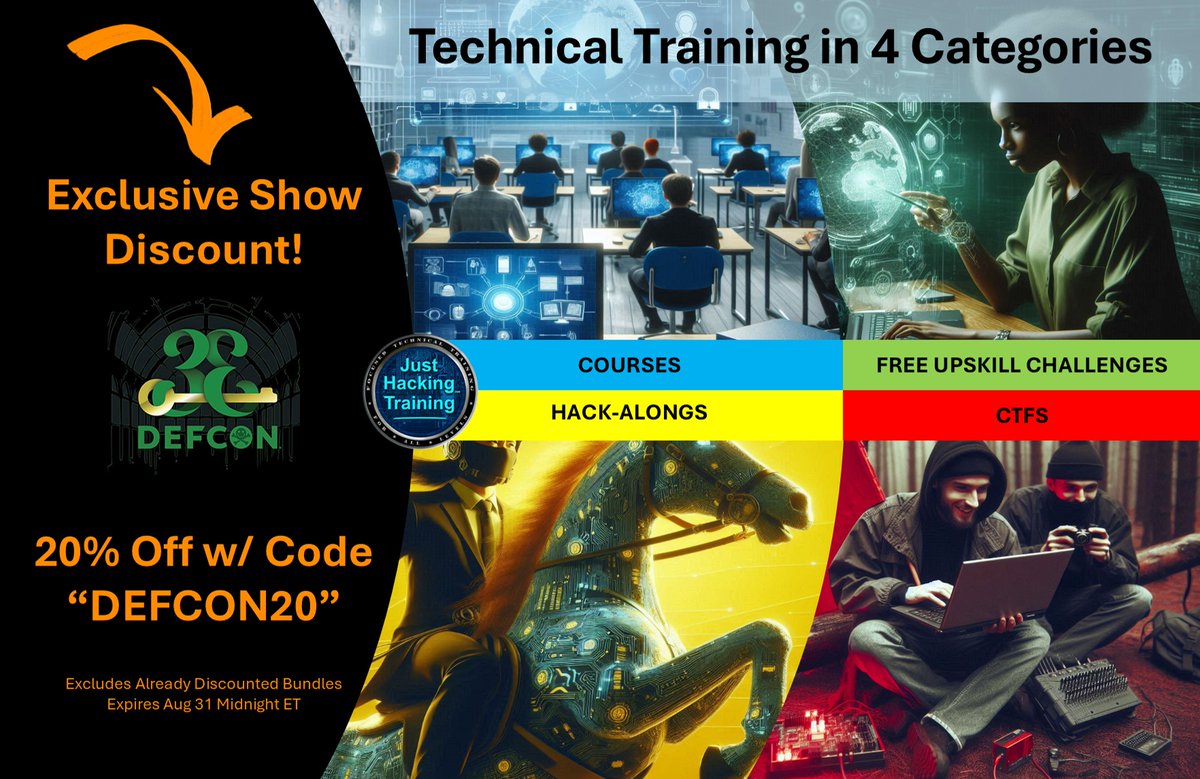 Just Hacking Training (JHT) (@justhackinghq) on Twitter photo It's <a href="/defcon/">DEF CON</a>! JHT (justhacking.com) is proud to sponsor 4 Villages with our home base in the <a href="/IoTvillage/">IoT Village</a>. We're dropping a 💸 #DEFCON Discount!💸, so come say hi to <a href="/_JohnHammond/">John Hammond</a>, <a href="/ethicalhacker/">Hi! I'm Don.</a>, <a href="/seclilc/">lil c</a> & crew, try 2 free intro to #IoT labs to earn t-shirts, grab It's <a href="/defcon/">DEF CON</a>! JHT (justhacking.com) is proud to sponsor 4 Villages with our home base in the <a href="/IoTvillage/">IoT Village</a>. We're dropping a 💸 #DEFCON Discount!💸, so come say hi to <a href="/_JohnHammond/">John Hammond</a>, <a href="/ethicalhacker/">Hi! I'm Don.</a>, <a href="/seclilc/">lil c</a> & crew, try 2 free intro to #IoT labs to earn t-shirts, grab