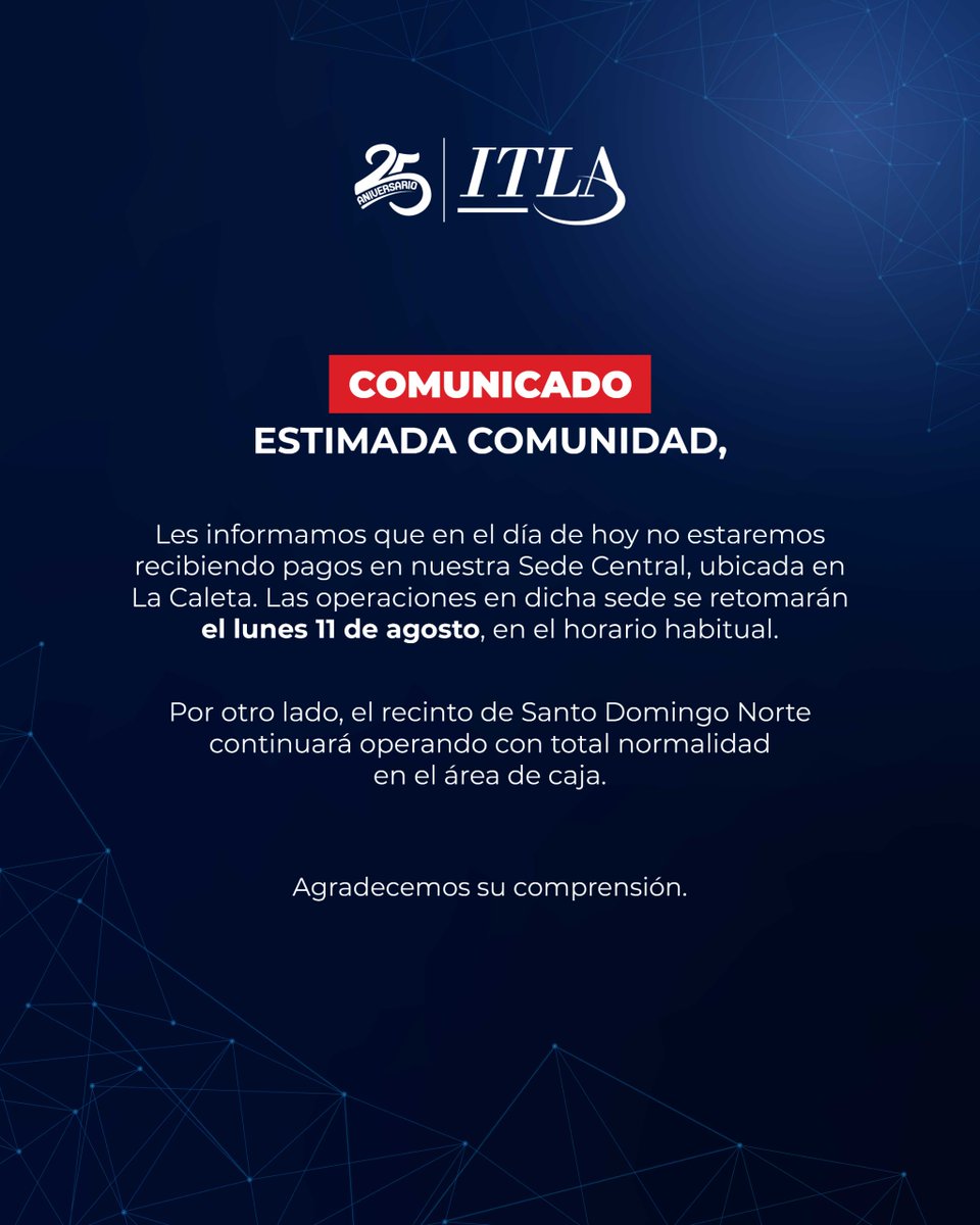 🔔 ¡Atención, comunidad ITLA! 🔔 
El área de caja en nuestra Sede Central no estará operando por el día de hoy. Sin embargo, las operaciones continúan con normalidad en el recinto de Santo Domingo Norte.