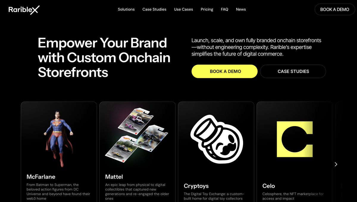E-commerce unlocked a new era of independence for creators, and Shopify made it easier than ever to launch an online store.

Now creators can sell onchain, taking that independence even further.

RaribleX lets you launch your own fully branded NFT marketplace, no code required.