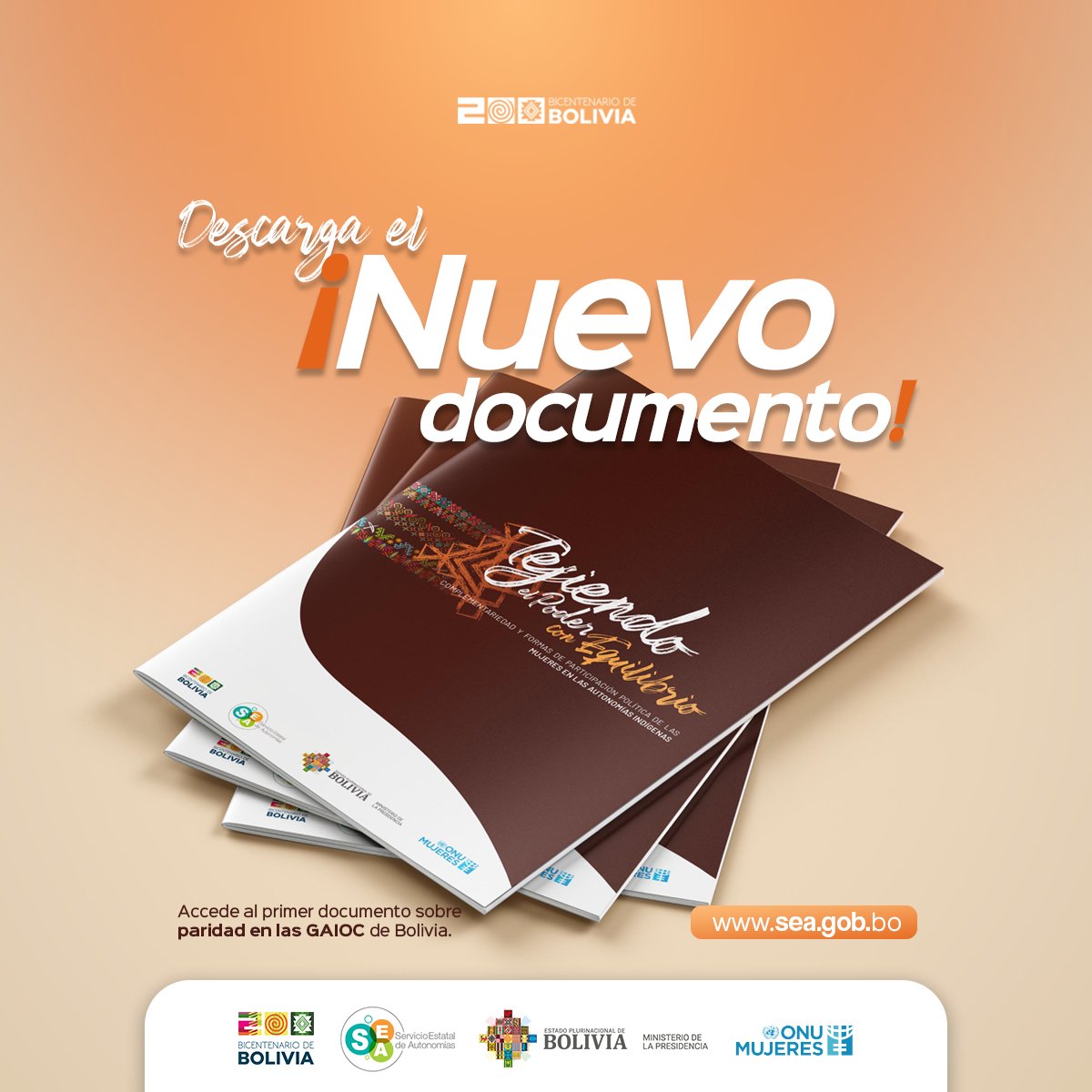 ✨¡Ya está disponible!
Conoce el primer documento sobre paridad en las GAIOC de Bolivia.
Un paso histórico hacia la igualdad y el equilibrio en la toma de decisiones desde nuestras autonomías.
📥Descárgalo en: sea.gob.bo

#Paridad #GAIOC #Autonomías #SEA #ONUMujeres