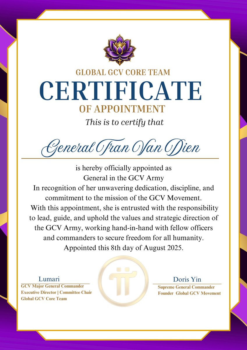 Official Appointment of General Tran Van Dien

It is with deep pride and heartfelt respect that we announce General Tran Van Dien’s appointment as a General in the GCV Army.

Through his consistent discipline, steadfast integrity, and unwavering dedication to our shared mission,