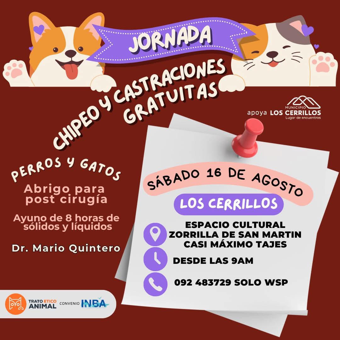 𝗖𝗮𝘀𝘁𝗿𝗮𝗰𝗶𝗼𝗻𝗲𝘀 𝗴𝗿𝗮𝘁𝘂𝗶𝘁𝗮𝘀 de ONG Trato Ético Animal convenio con INBA.  
      Sábado 16 de agosto
      Los Cerrillos - Canelones
      Perros y gatos 🐱🐶
☎️ Inscripciones al 092 483729  solo WhatsApp
      Vet. Mario Quintero 
RT