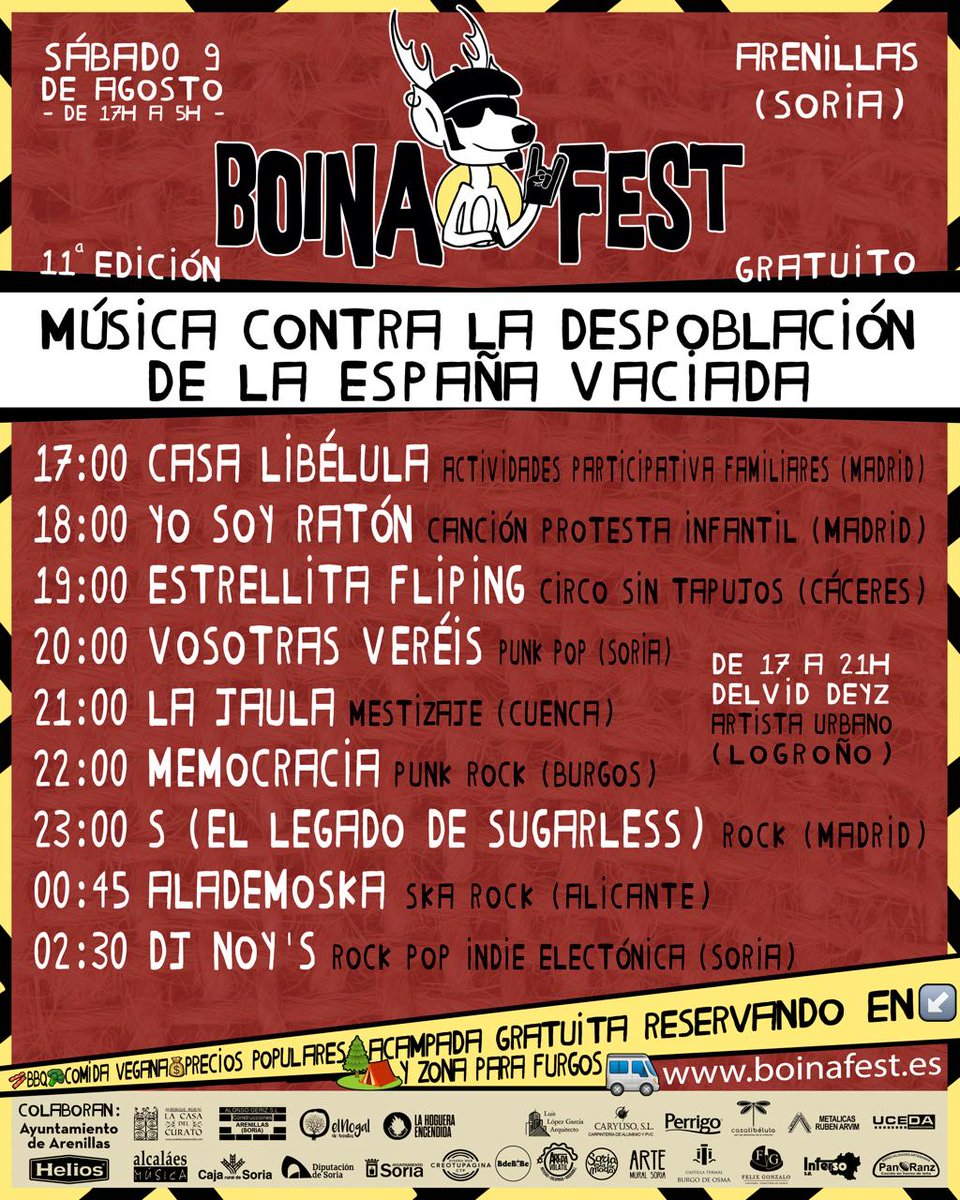 Boina Fest (@boina_fest) on Twitter photo Horarios para la que se nos viene encima mañana!💪✨
<a href="/CasaLibelula/">Casa Libelula</a> + <a href="/ArtDelvid/">delvid deyz</a> + <a href="/yosoyraton/">Yo Soy Ratón - La Revolución de la Música Infantil</a> + Estrellita Fliping + Vosotras Veréis + La Jaula + <a href="/Memocracia_/">Memocracia</a> + <a href="/SplanetOficial/">S</a> (el legado de Sugarless) + <a href="/alademoska/">AlaDeMoska</a> + <a href="/Dj_Noys/">Dj Noy's</a>
¿Preparad@s? Listos? Casi ya! 🏁 Horarios para la que se nos viene encima mañana!💪✨
<a href="/CasaLibelula/">Casa Libelula</a> + <a href="/ArtDelvid/">delvid deyz</a> + <a href="/yosoyraton/">Yo Soy Ratón - La Revolución de la Música Infantil</a> + Estrellita Fliping + Vosotras Veréis + La Jaula + <a href="/Memocracia_/">Memocracia</a> + <a href="/SplanetOficial/">S</a> (el legado de Sugarless) + <a href="/alademoska/">AlaDeMoska</a> + <a href="/Dj_Noys/">Dj Noy's</a>
¿Preparad@s? Listos? Casi ya! 🏁