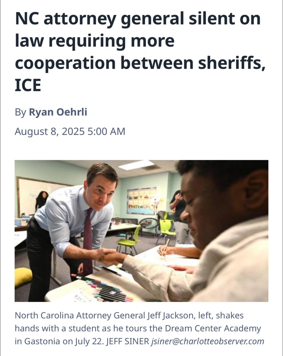 .<a href="/NCAGO/">NC Attorney General</a> has a long history of opposing sheriffs working with ICE. But thanks to <a href="/NCHouseGOP/">NC House Republicans</a>, it’s now the law of the land. 

We expect him to uphold and defend the law.