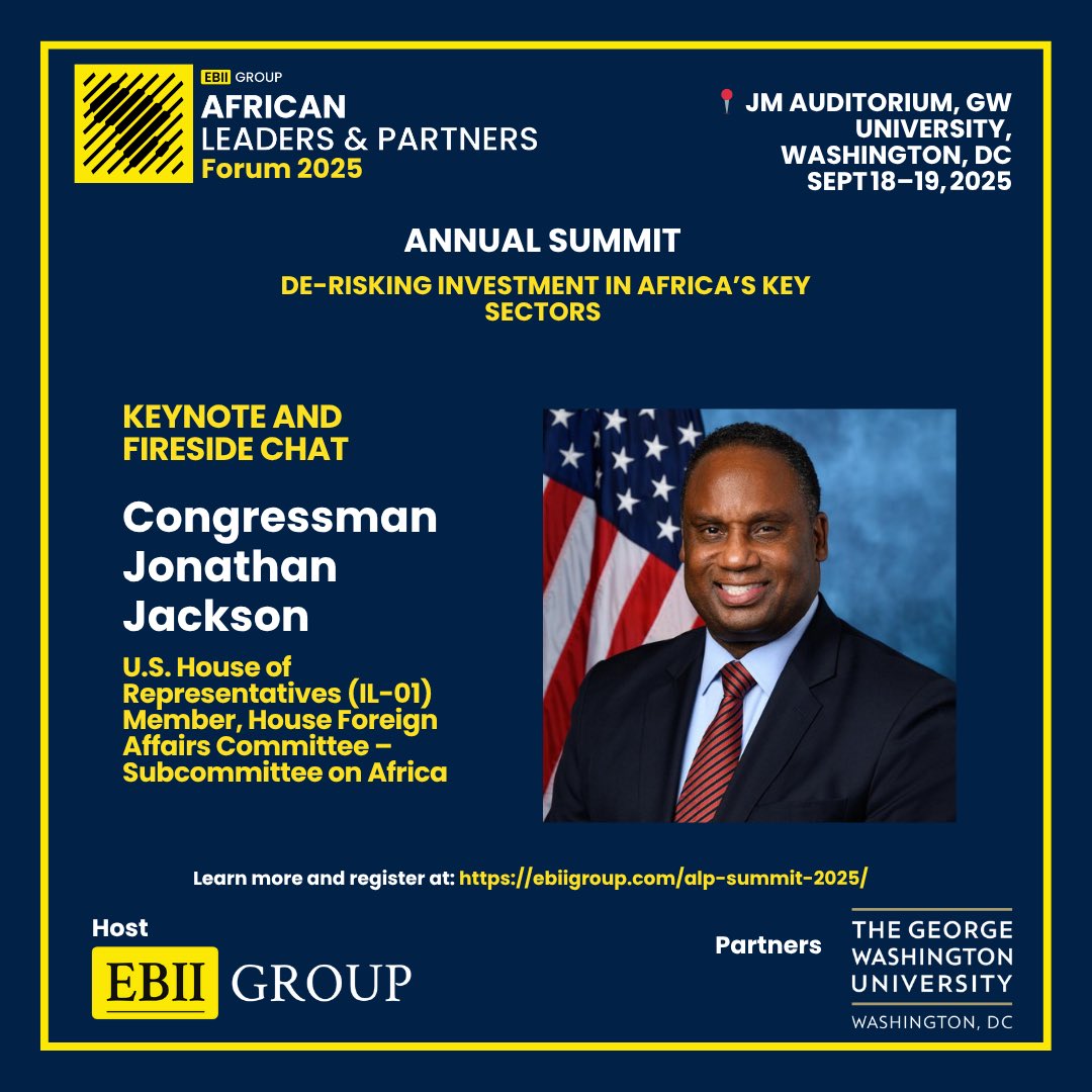 EBII Group (@groupebii) on Twitter photo Twitter / X
📢 Speaker spotlight: Rep. Jonathan Jackson will join the EBII African Leaders & Partners Summit (Sept 18–19, Washington DC) 🇺🇸🇿🇦, hosted with The George Washington University.
Topic: U.S.-Africa investment & the Diaspora Investment Act 🌍
🔗 ebiigroup.com/alp-summit-2025 Twitter / X
📢 Speaker spotlight: Rep. Jonathan Jackson will join the EBII African Leaders & Partners Summit (Sept 18–19, Washington DC) 🇺🇸🇿🇦, hosted with The George Washington University.
Topic: U.S.-Africa investment & the Diaspora Investment Act 🌍
🔗 ebiigroup.com/alp-summit-2025