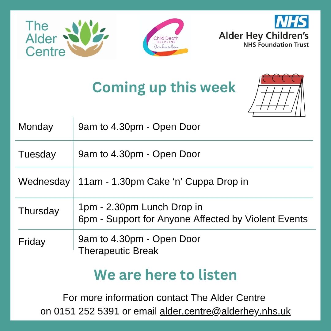 Coming up this week: Drop ins on Wednesday and Thursday. Support for anyone affected by violent events on Thursday and our Therapeutic break is on this weekend #bereavementsupport #childloss