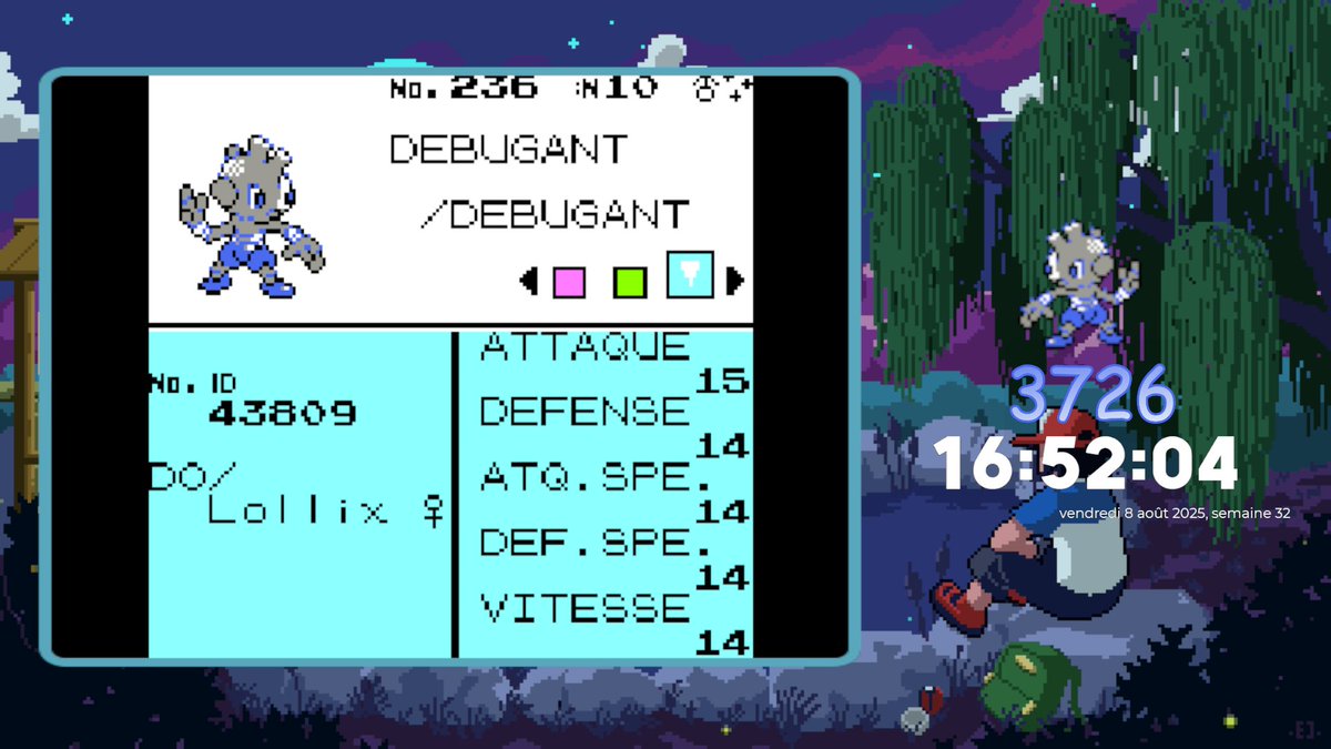 Mon premier shiny sur Version 2G et c'est un débugant shiny qui pop au bout de 3726 resets, commencé le 02/09/2024, une shasse très chill et rapide, je suis très content qu'il soit tombé vite, il évoluera en kapoéra